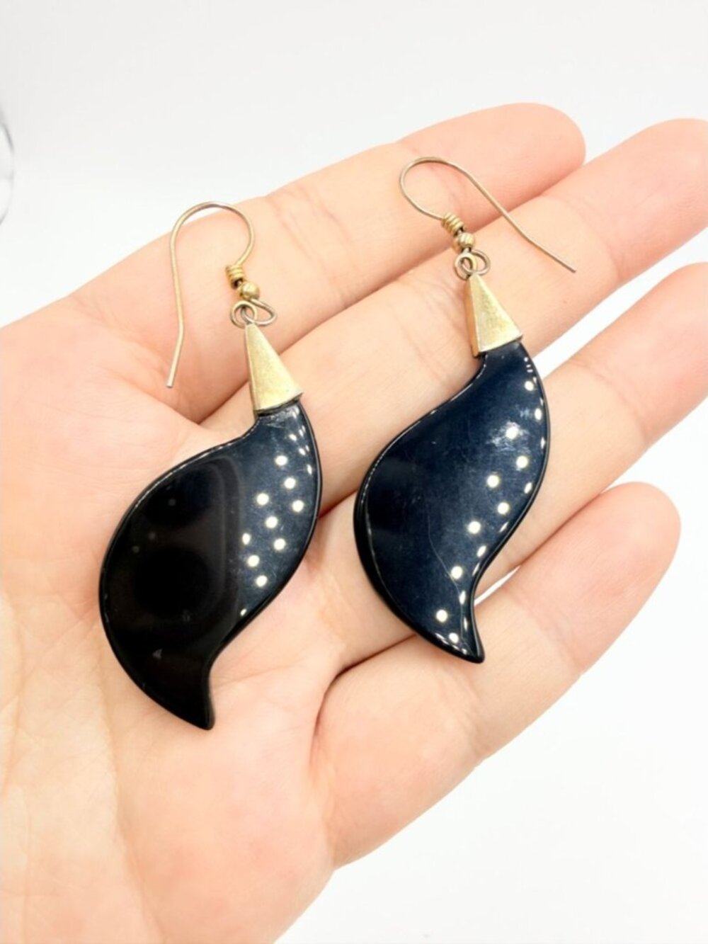 Vintage Black Lucite Teardrop Dangle Earrings with Gold-Tone Accents
